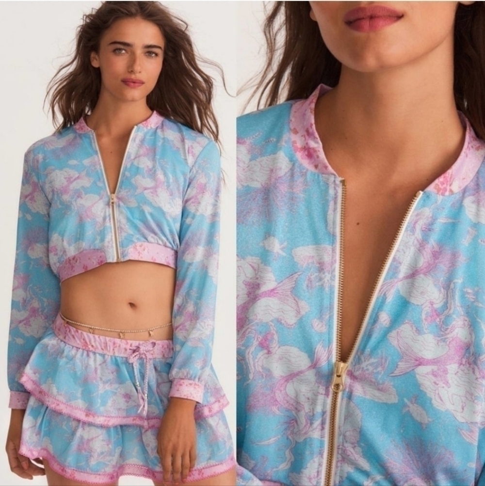 New LoveShackFancy x Hurley Cropped Bomber Jacket Under The Sea NWT Large